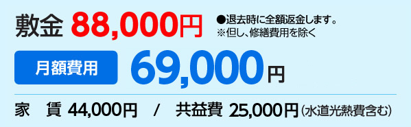 敷金 88,000円　●退去時に全額返金します。※但し、修繕費用を除く／月額費用 69,000円／家賃 44,000円／共益費 25,000円（水道光熱費含む）